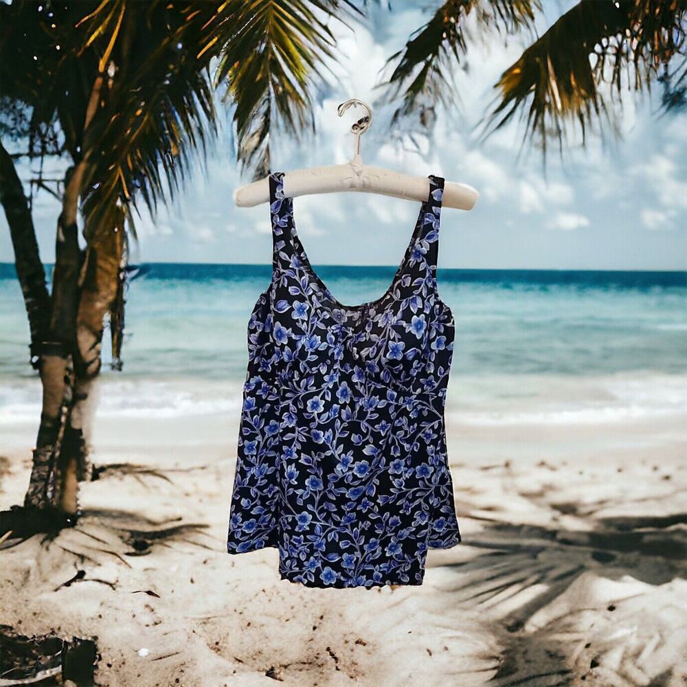 Maxine Of Hollywood Blue Floral One Piece SwimDress Bathing Swimsuit Size 30W